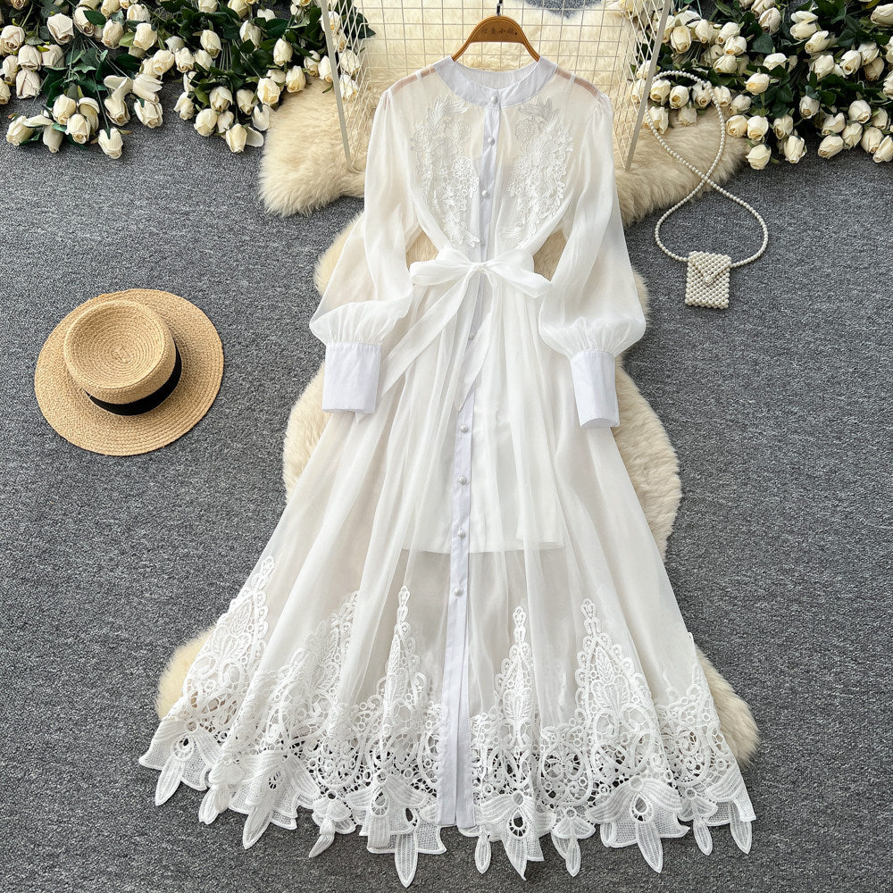 K-style heavy industry embroidercut outdress women's summerlong sleeves waist slimming lookwork clothingelegant yellow a-line skirt