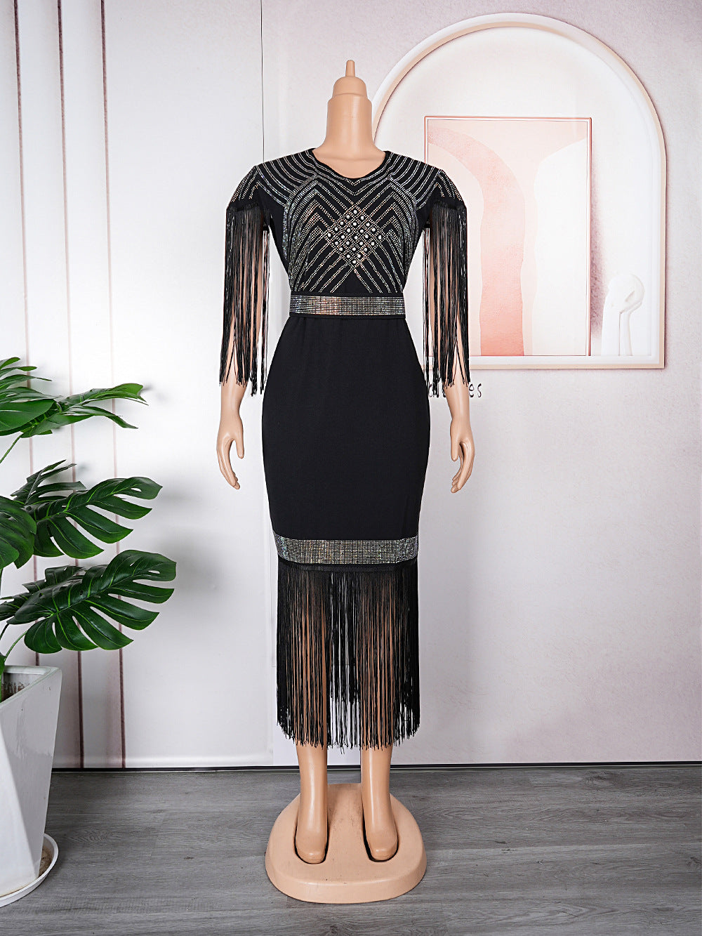 new european and american plus size women's clothing for cross-border e-commerce: african-style rhinestone and tassel dress for  and