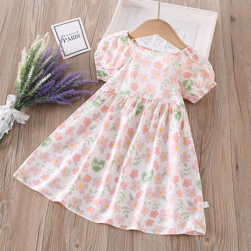 【matching family outfits】girls' cotton silk floral dress - princess style, stylish print, and puff sleeve skirt