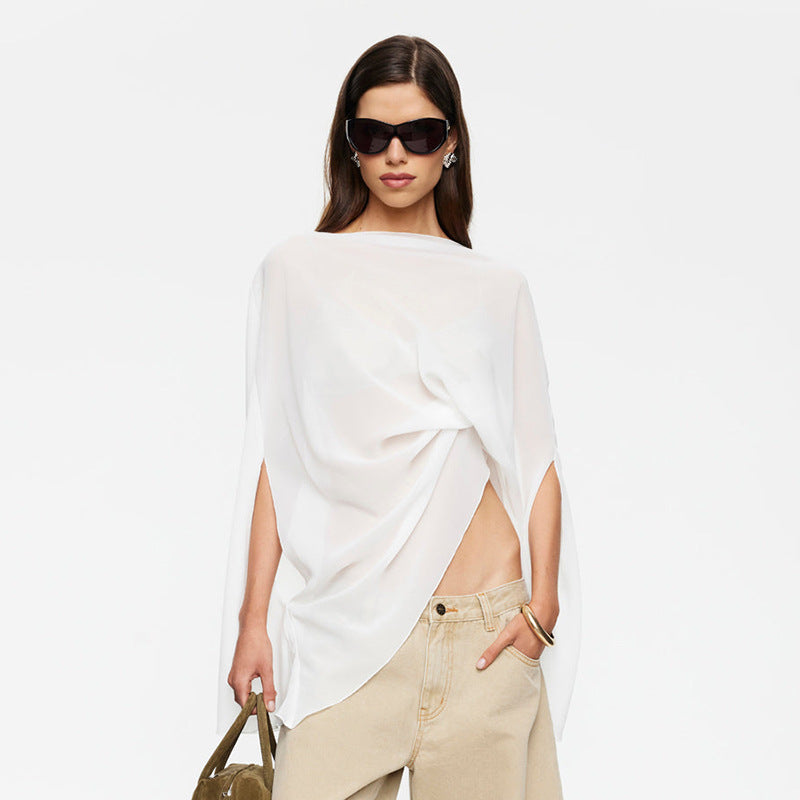 women's fashion: european and american summer new arrivals - solid color, sexy, sheer blouse with a round neck, short sleeves, and asymmetrical chiffon top