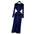 French chic high-end round neck metallic buckle single-breasted slim-fit slit long sleeve knitted bodycon dress
