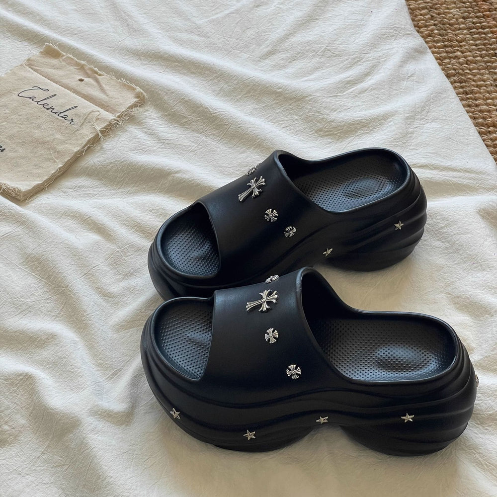 8cm thick sole slippers women's summer new arrivaloutwearfashion shit-stepping one-line slippers french high-heeled women's shoes beach shoes
