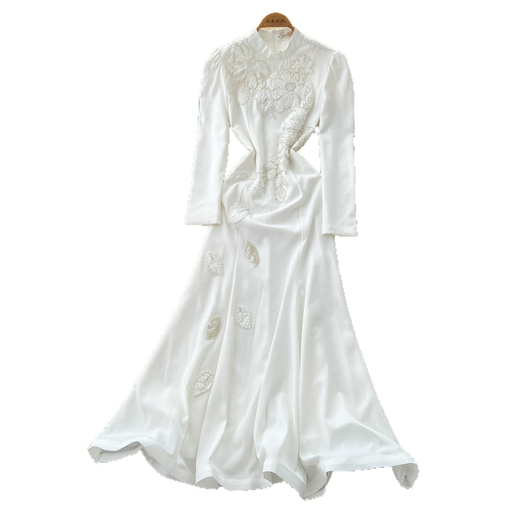 Luxury chic white lantern sleeve stand collar dress - women's  autumn embroidered slim-fit workwear maxi dress