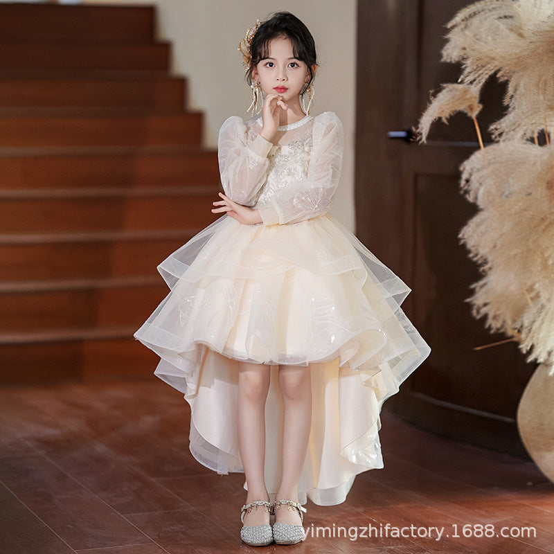 Girls' formal dresses, train, short front and long back, ready-made tulle skirts, girls' runway princess dresses, ready-to-ship for export, piano recital dresses