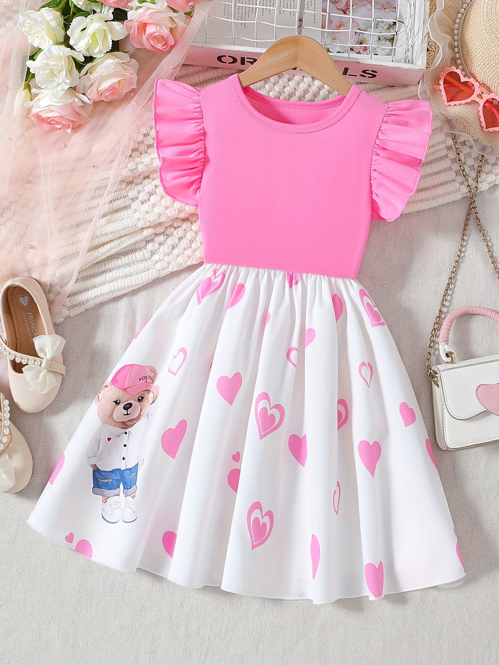Summer girls' pink flutter sleeve dress with heart print, cartoon bear, cute kids' fashion a-line skirt for export