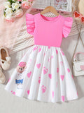 Summer girls' pink flutter sleeve dress with heart print, cartoon bear, cute kids' fashion a-line skirt for export