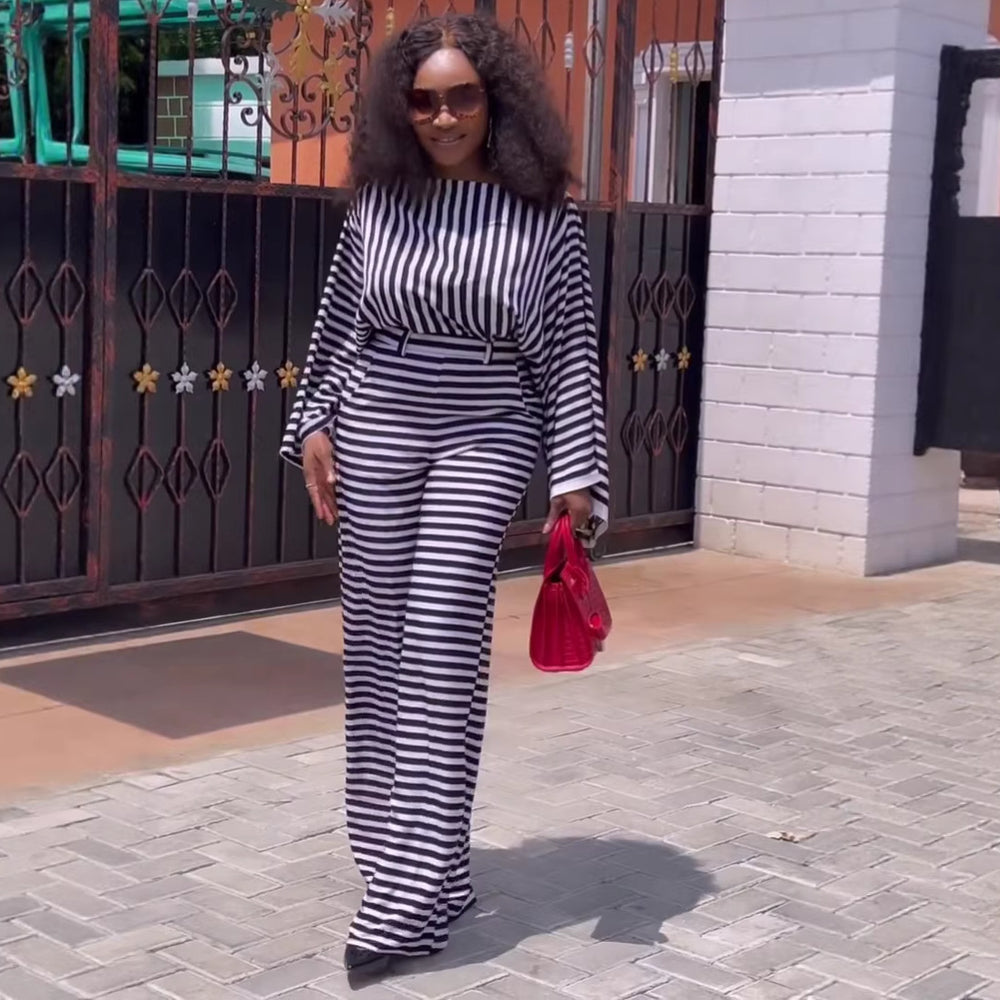 European and american cross-border african women's clothing  summer new fashion striped long sleeve top and high-waisted pants casual set