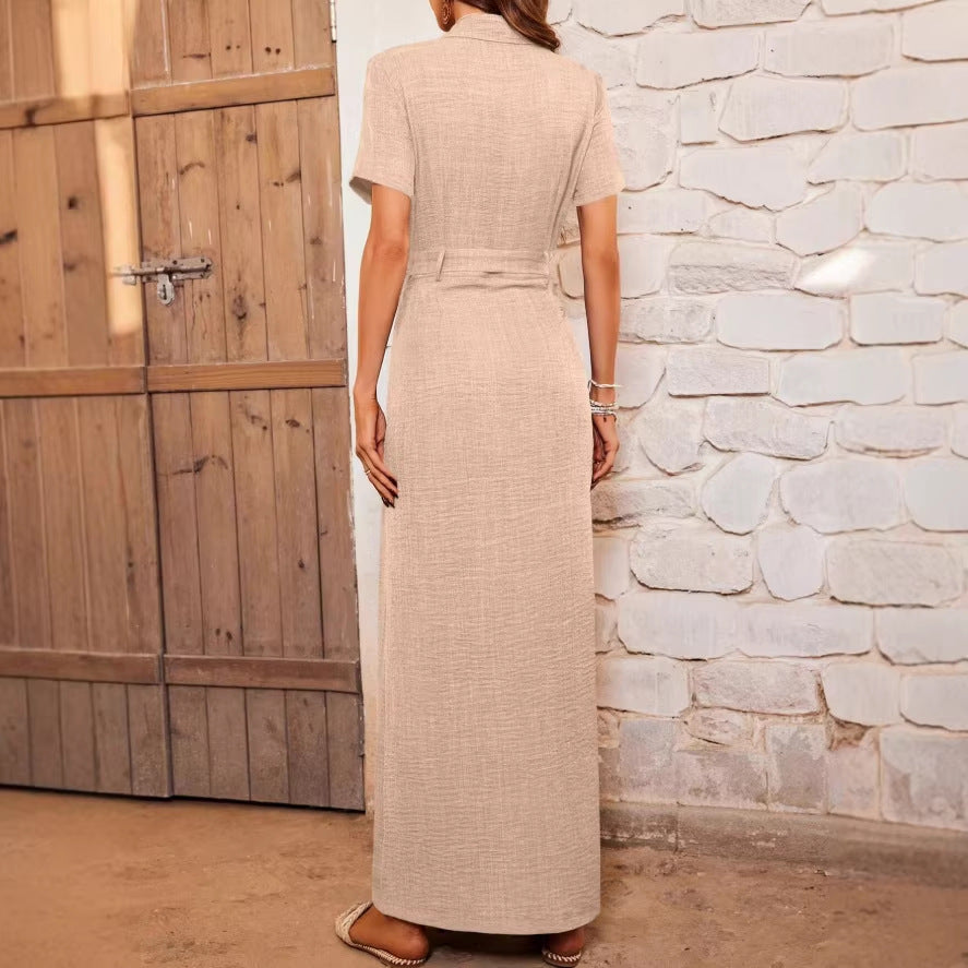independent station  fashionnew arrivalautumpure color lapel waist tie backshirt slit dress for women