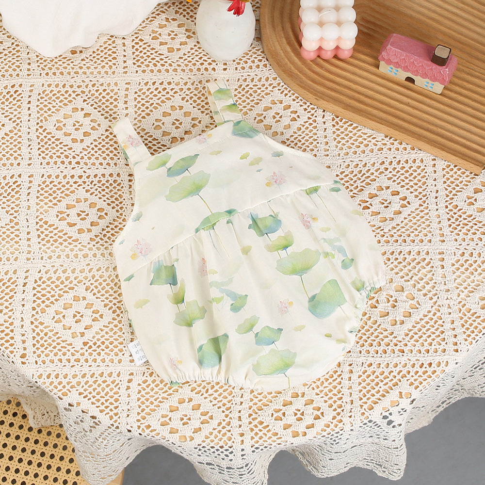 Baby girl clothes summer ultra-thin sling bag butt newborn baby one-piece full moon 100-day clothes fresh khaki