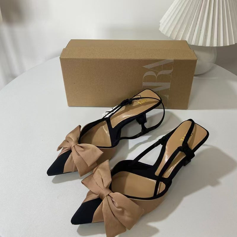 Za new premium french heel women's shoes - pointed toe, bow accent, color block, low-cut, back strap, open heel sandals