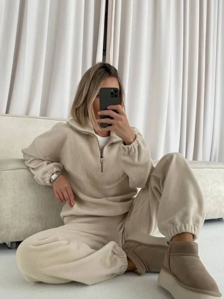 European and American  fashion sweater set women's zipper semi-cardigan jumper trousers two-piece set sports suit women