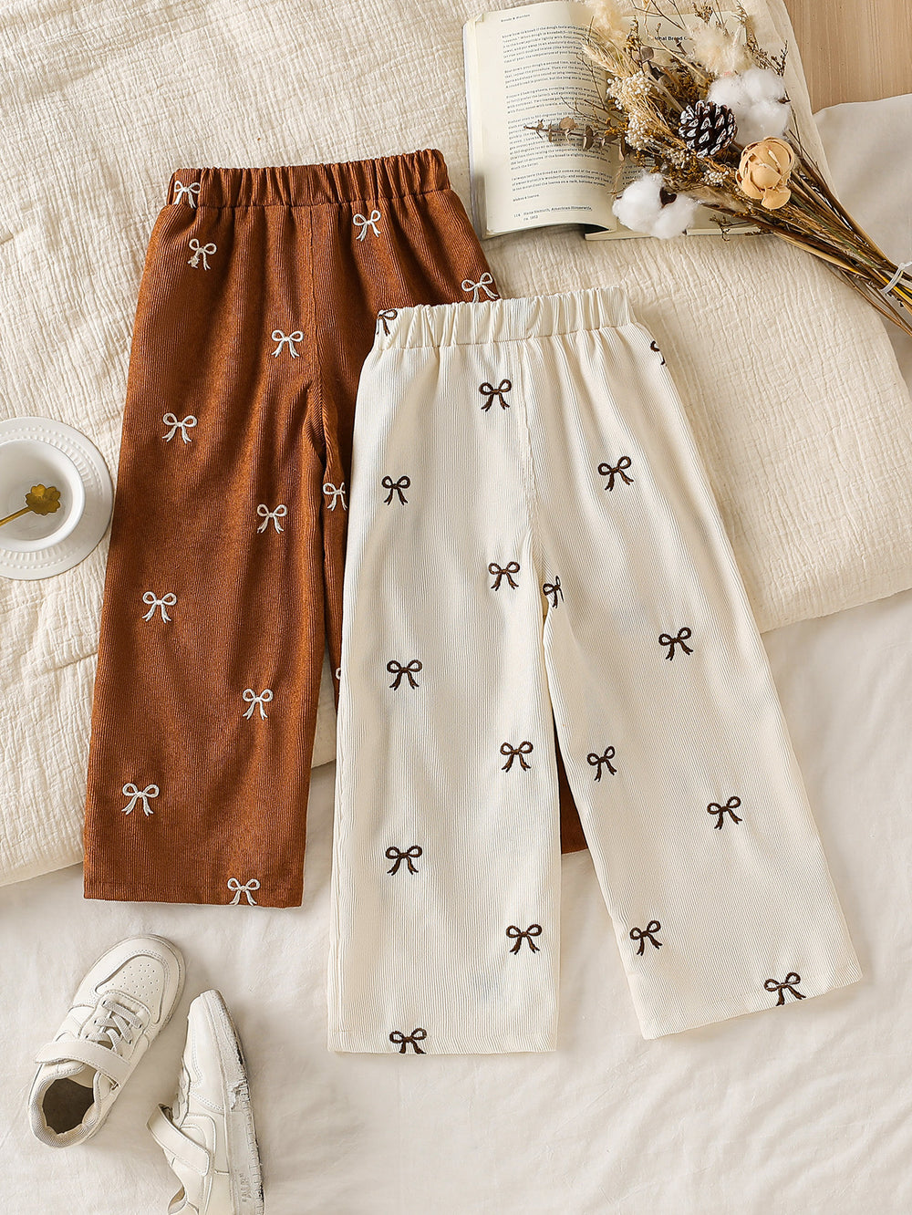 hot-selling girls' corduroy bow embroidered casual pants - cross-border exclusive two-piece set