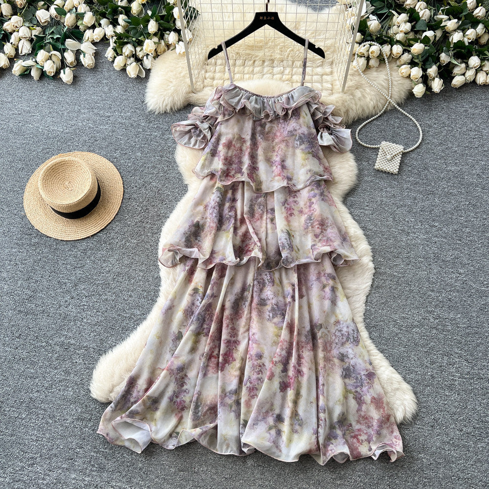 French riviera style printed cami dress - women's summer ruffle tiered dress - stunning and unique design