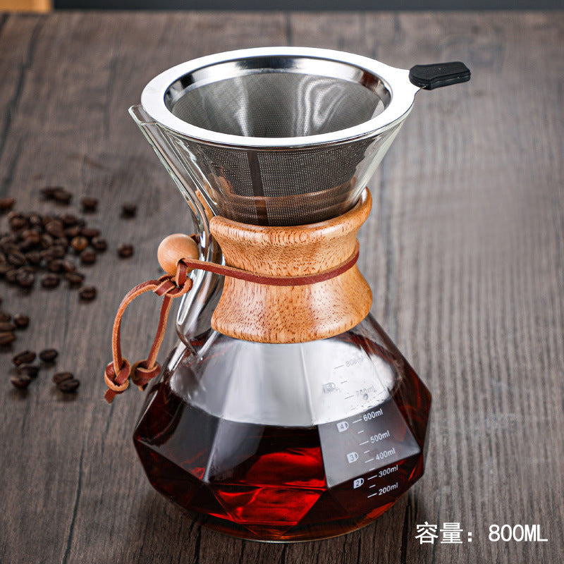 pour-over coffee maker set, diamond-shaped chemex sharing carafe, heat-resistant glassware for home use, with logo imprinting available