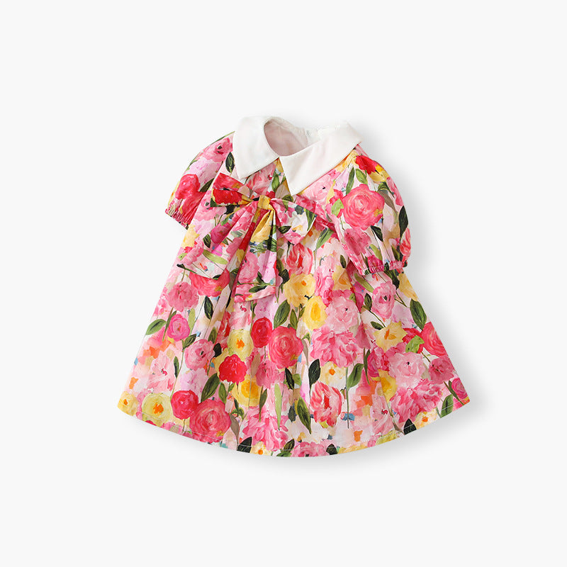 New chinese style children's dress -  summer collection: oil painting rose floral print with bow detail, girls' princess dress