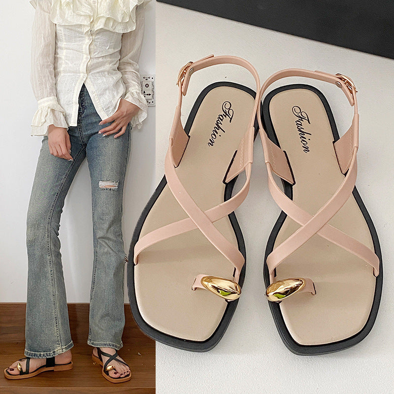 2026 new women's thong sandals - summer outdoor wear, trendy instagram-style flat roman sandals, one-strap flip-flops