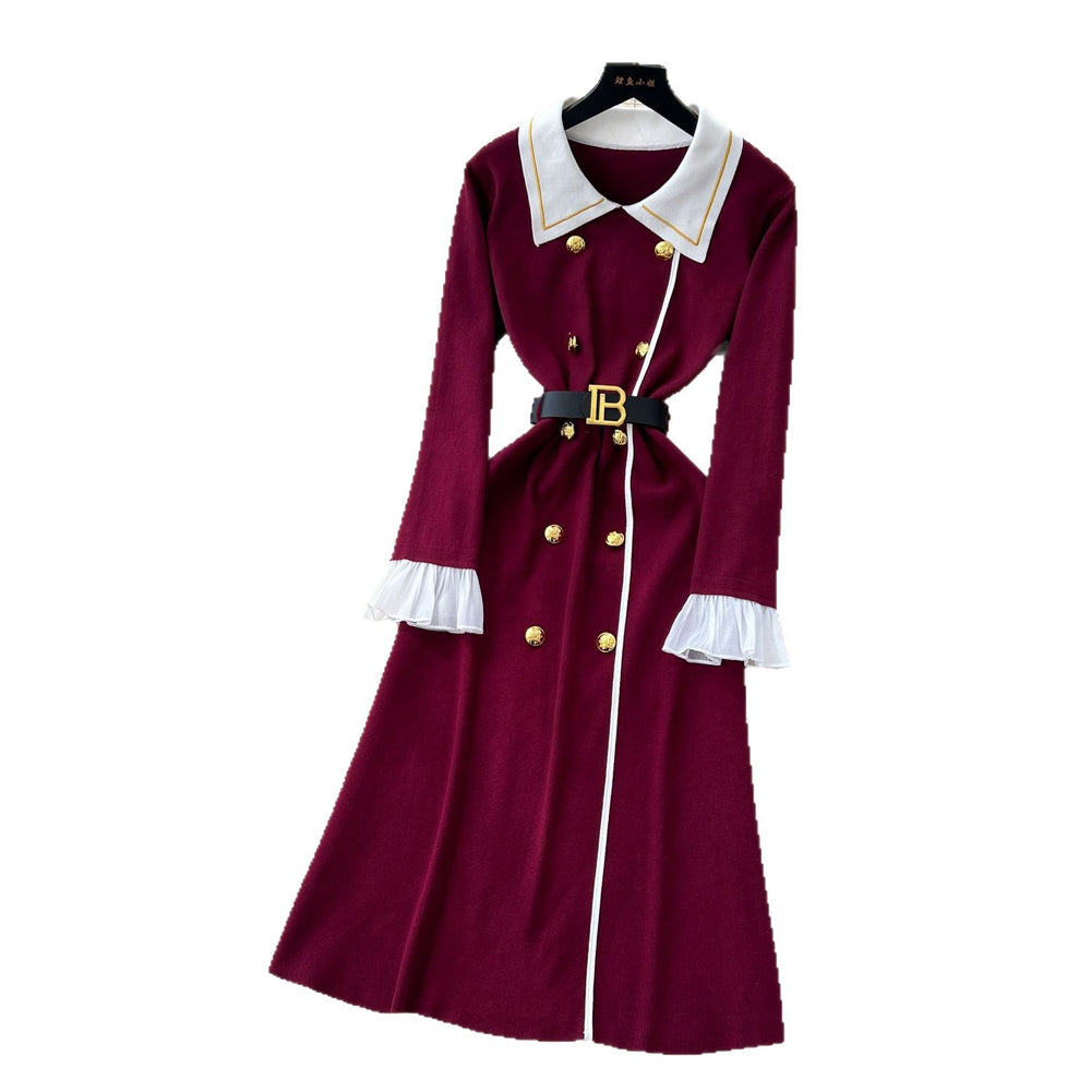 Classy small fragrance fashionablecontrast color lapel long sleeves metal double-breasted waist slimming lookelegantknittingdress