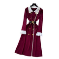 Classy small fragrance fashionablecontrast color lapel long sleeves metal double-breasted waist slimming lookelegantknittingdress