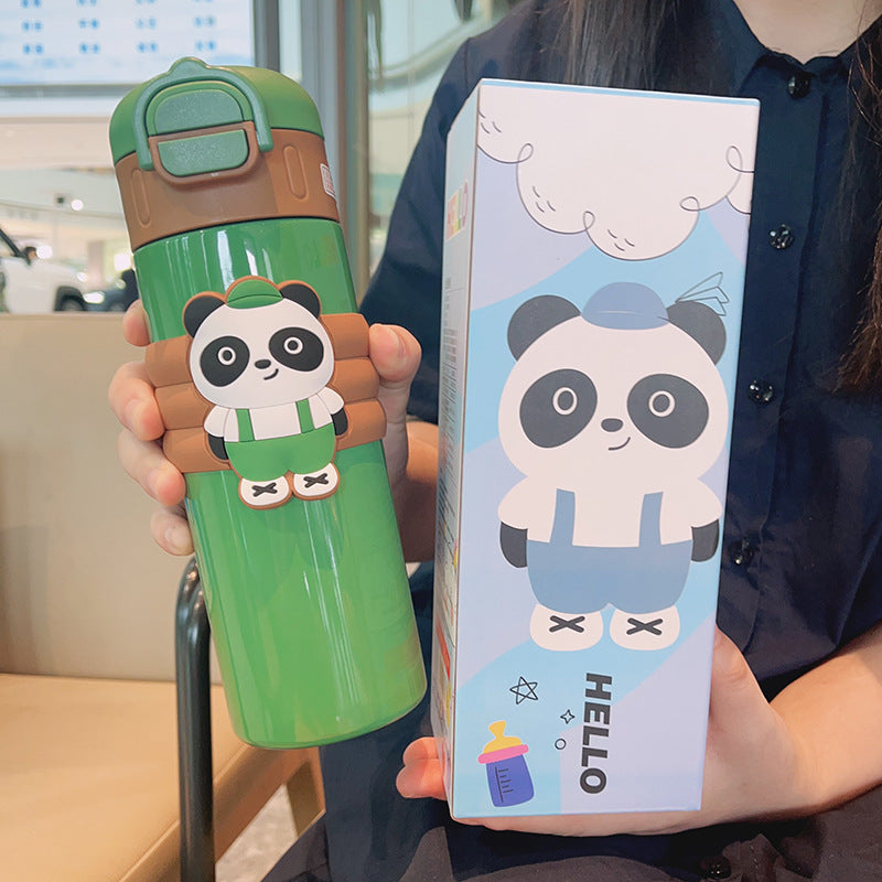 Cartoon red panda straight body insulated water bottle, 316 stainless steel, large capacity, dual-drink kids' water bottle, cute straw cup