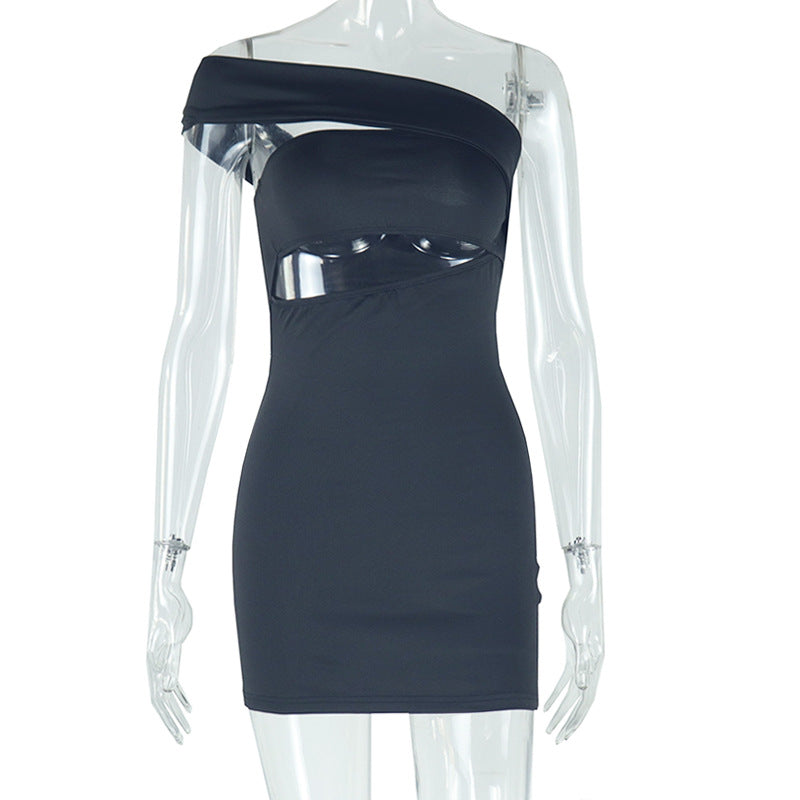 European and american style ins foreign trade women's fashion solid color dress sexy asymmetrical neck off-shoulder sleeveless bodycon mini dress
