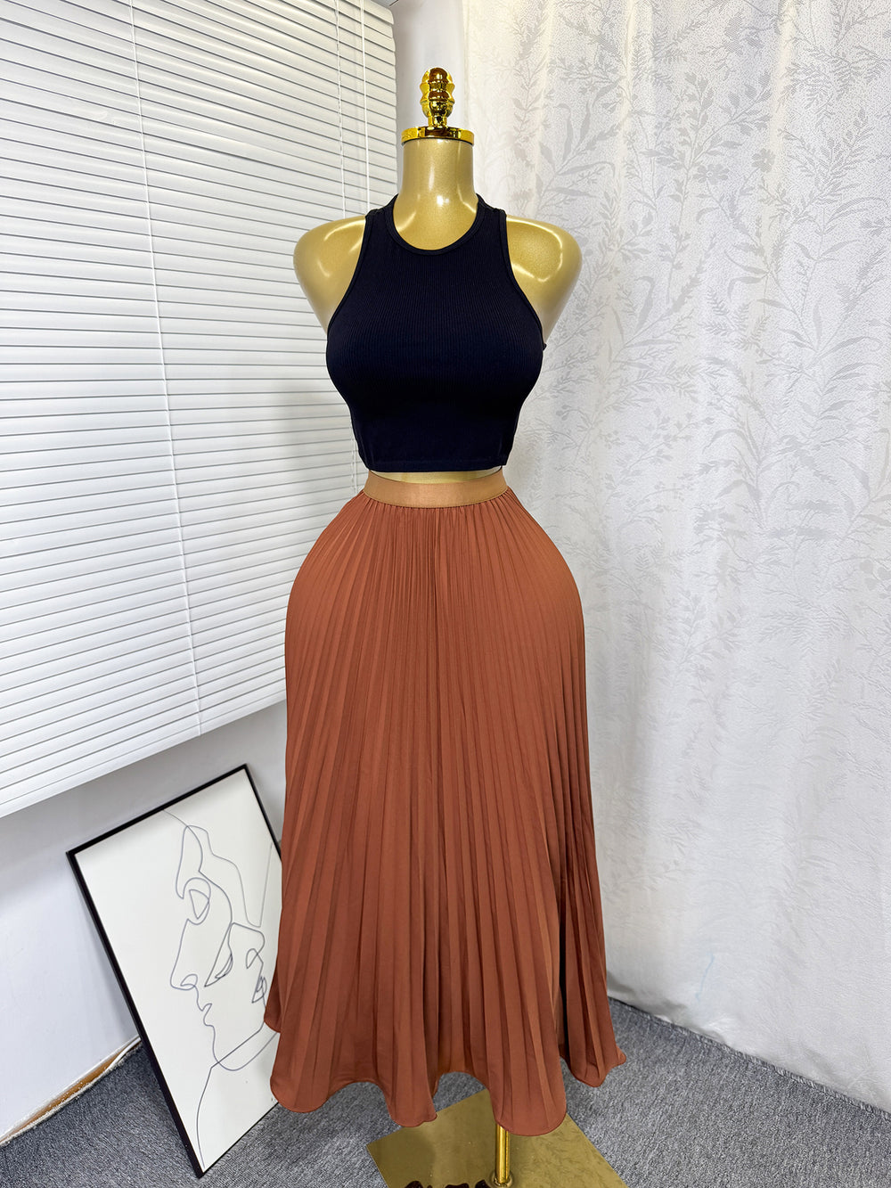 K-stylehigh waist elastic waist pure colorpleated skirt a-line skirt slimming lookeasiest for matchwork clothing skirt