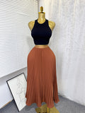 K-stylehigh waist elastic waist pure colorpleated skirt a-line skirt slimming lookeasiest for matchwork clothing skirt