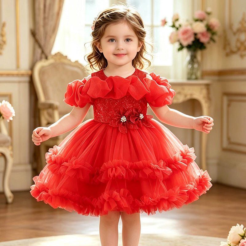 New in stock children's dress floral lace wedding dress princess dress baby girl first birthday dress kids dress