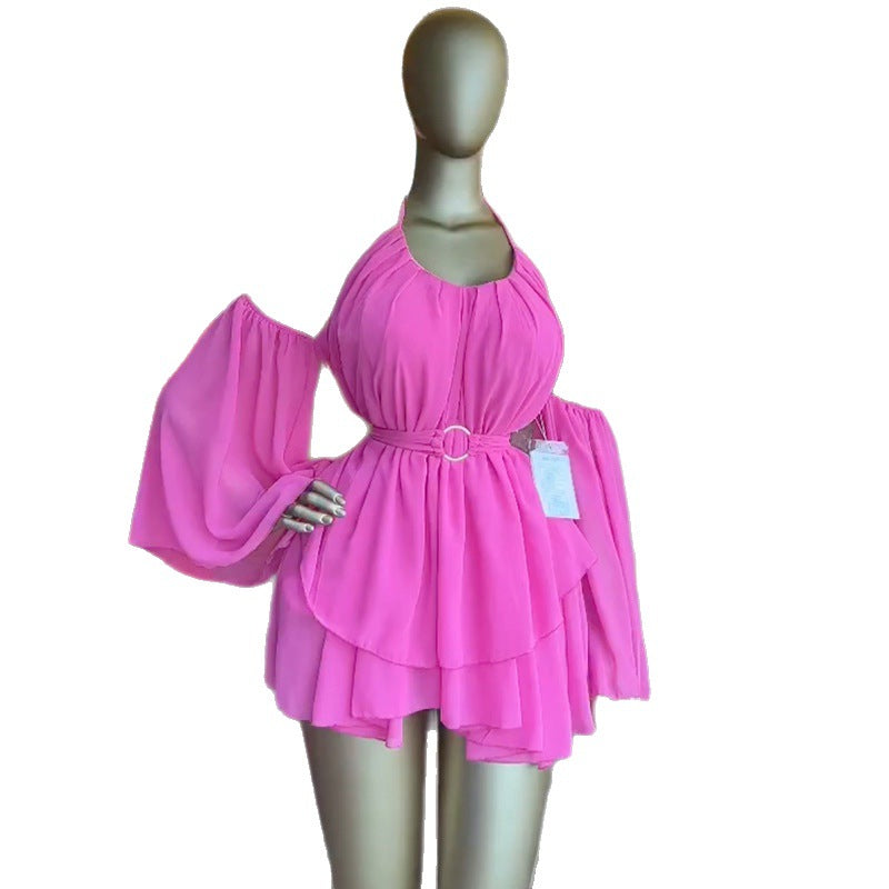 European and american cross-border women's fashion:  spring new arrivals - elegant and sweet halter neck, off-the-shoulder, asymmetrical waist, short dress