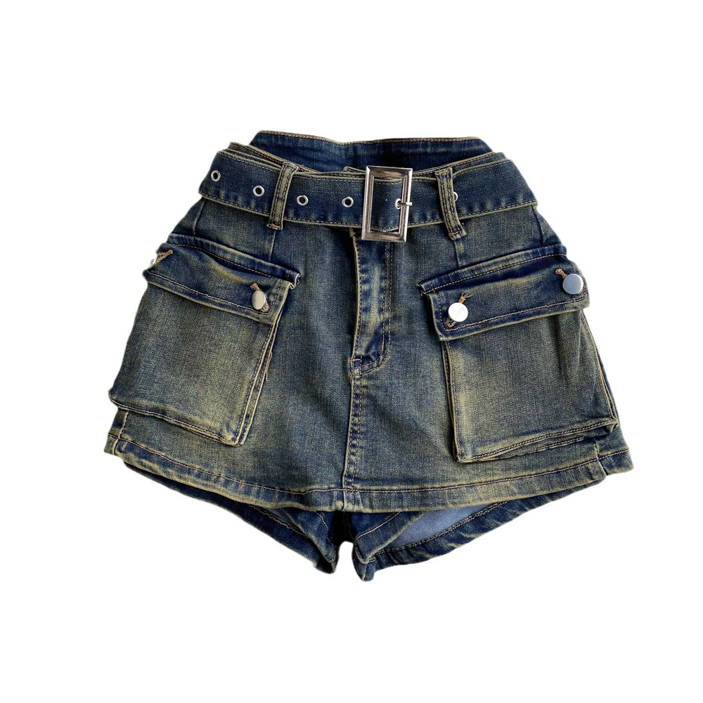 American retro hot girl workwear style skirts women's high waistslimming lookeasiest for matchretro distressed denim shorts women's loose pants
