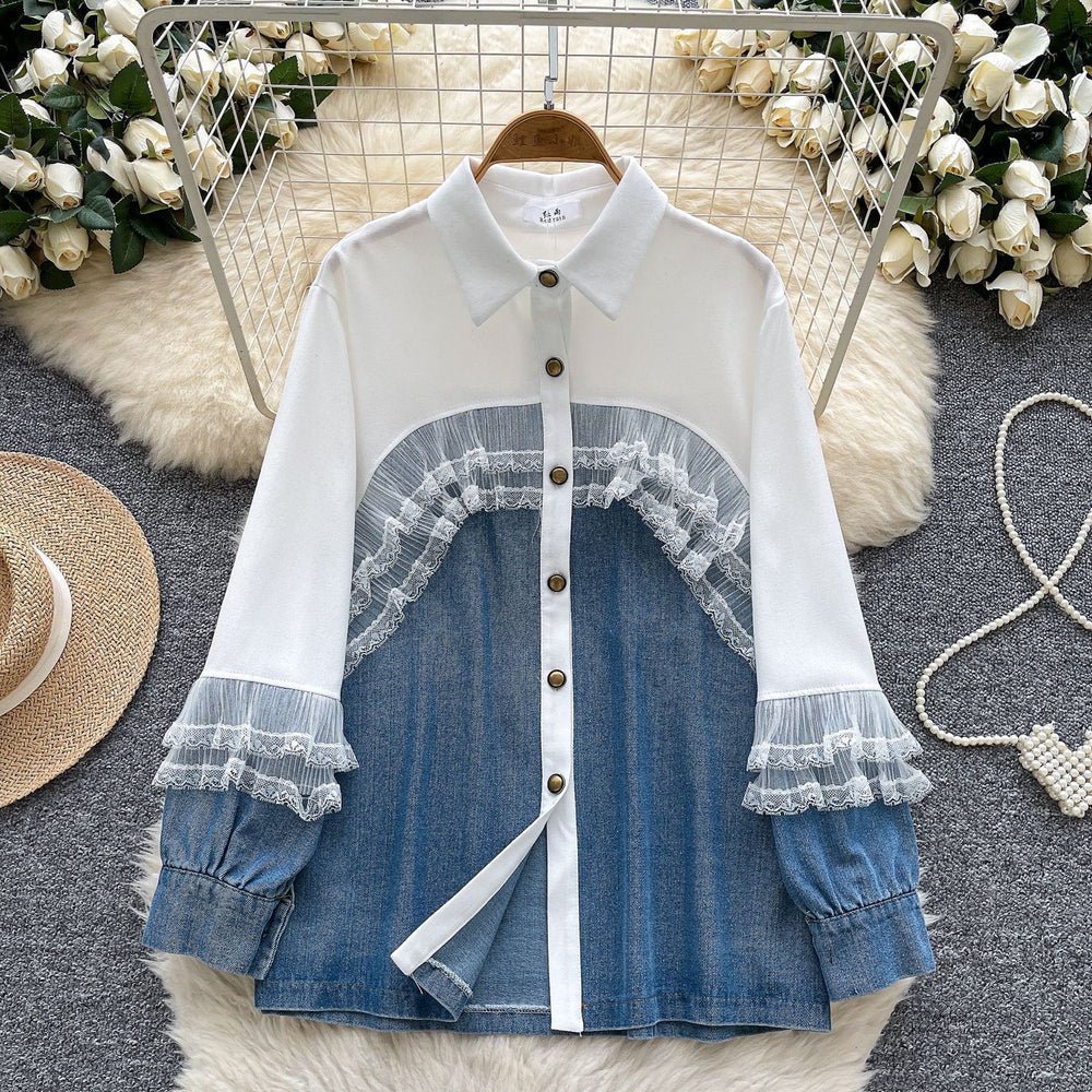 Korean ins style sense of designlacepatchworkcontrast colorlong sleeves denim shirt women's looseeasiest for match single breastedoutwear