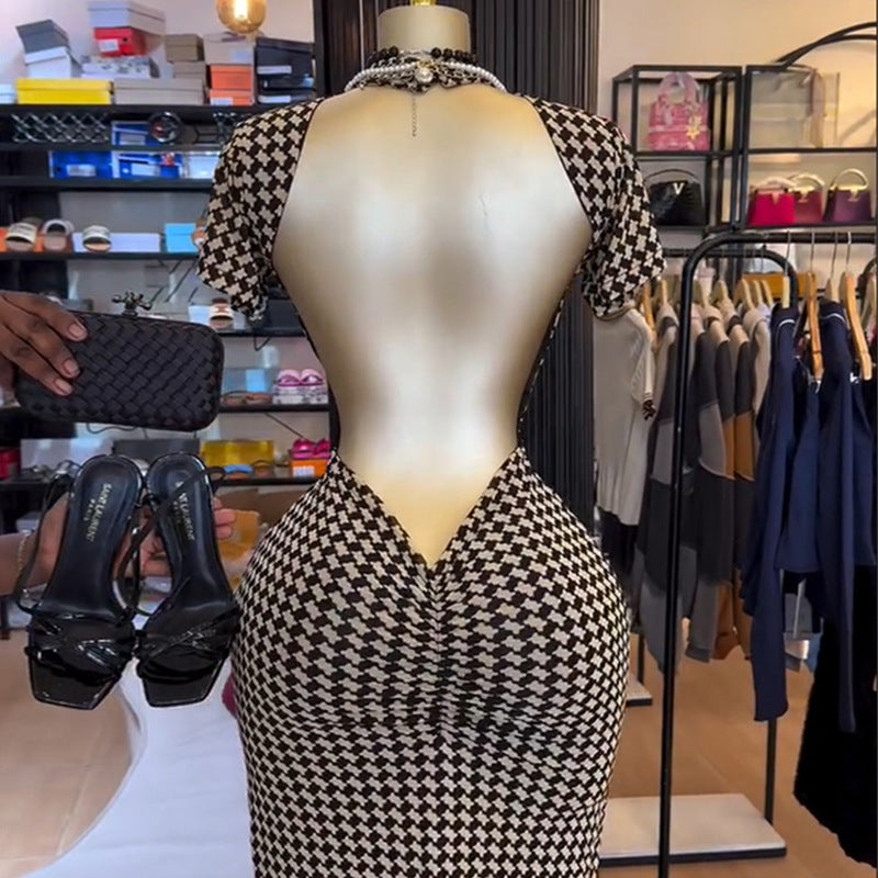 European and american cross-border women's fashion:  summer new arrivals - sexy backless houndstooth slim-fit bodycon short-sleeve dress