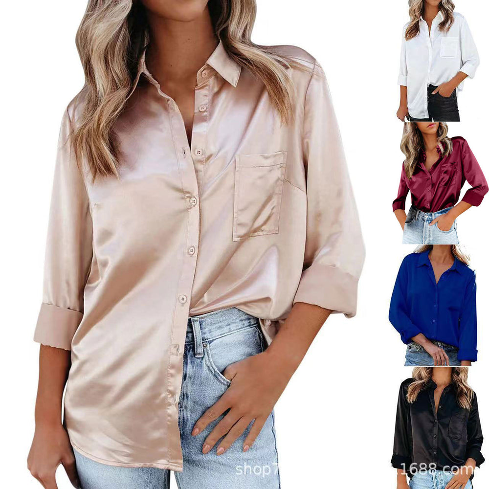 spring/summer solid color long-sleeve blouse: elegant commute style with turn-down collar, european and american fashion solid color cardigan, satin shirt