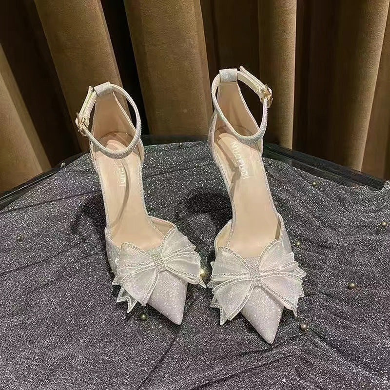 Women's sandals summer 2023 new rhinestone hollow butterfly bridesmaid shoes high heels fairy pointed toe single shoes women's stiletto heels