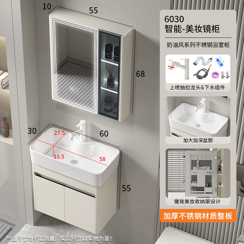 Small apartment bathroom cabinet Thickened stainless steel washstand Integrated cabinet Storage mirror Washstand Deepened ceramic integrated basin