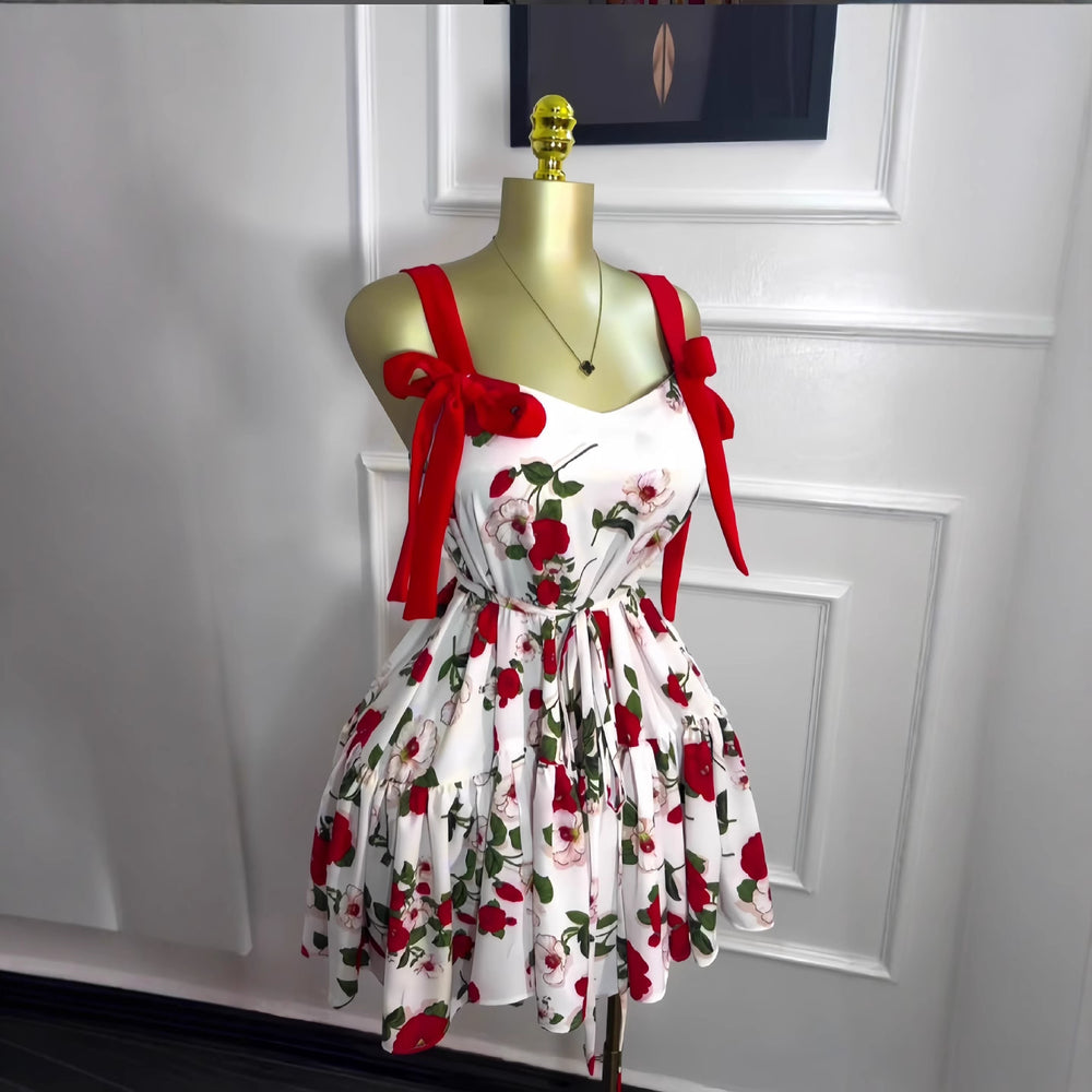 European and american cross-border women's fashion  spring new sleeveless printed double shoulder bow tie ruched mini dress