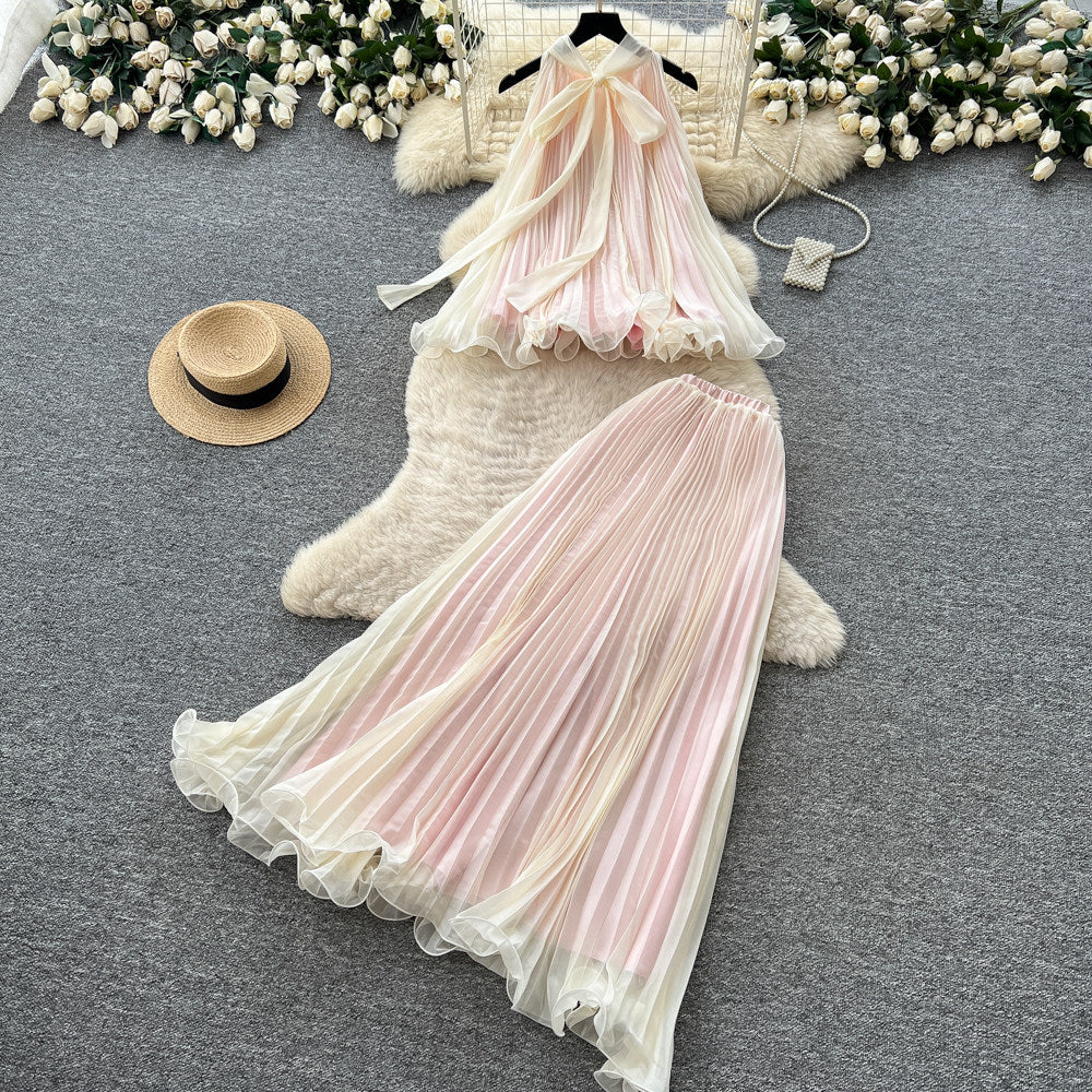 Vacation style halter pleated vest high waist skirt two-piece set women's summer playful sweetfashionelegantsuit