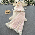 Vacation style halter pleated vest high waist skirt two-piece set women's summer playful sweetfashionelegantsuit