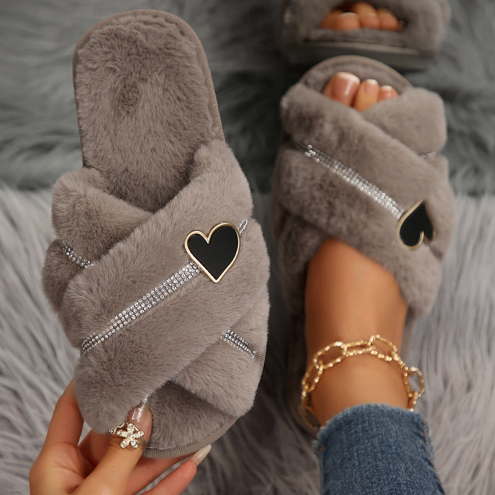 plus size cotton slippers for women fall and winter peach heart home indoor soft bottom rhinestone cotton slippers family cross furry slippers