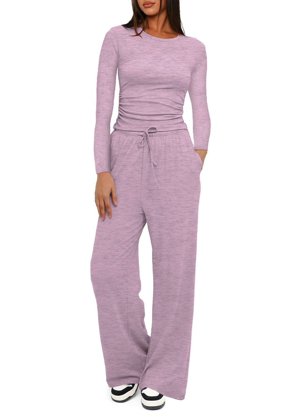 cross-border fashion  new product pure color casuallong sleevessuittopshigh waistloose pants sportswear