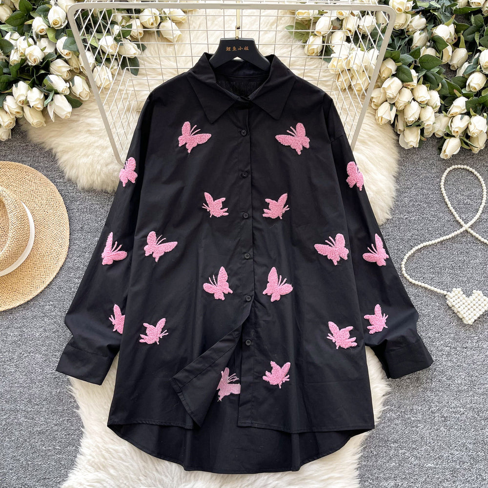 French chic heavy butterfly embroidery loose long sleeve blouse - women's spring premium style, age-defying, versatile, and slimming shirt