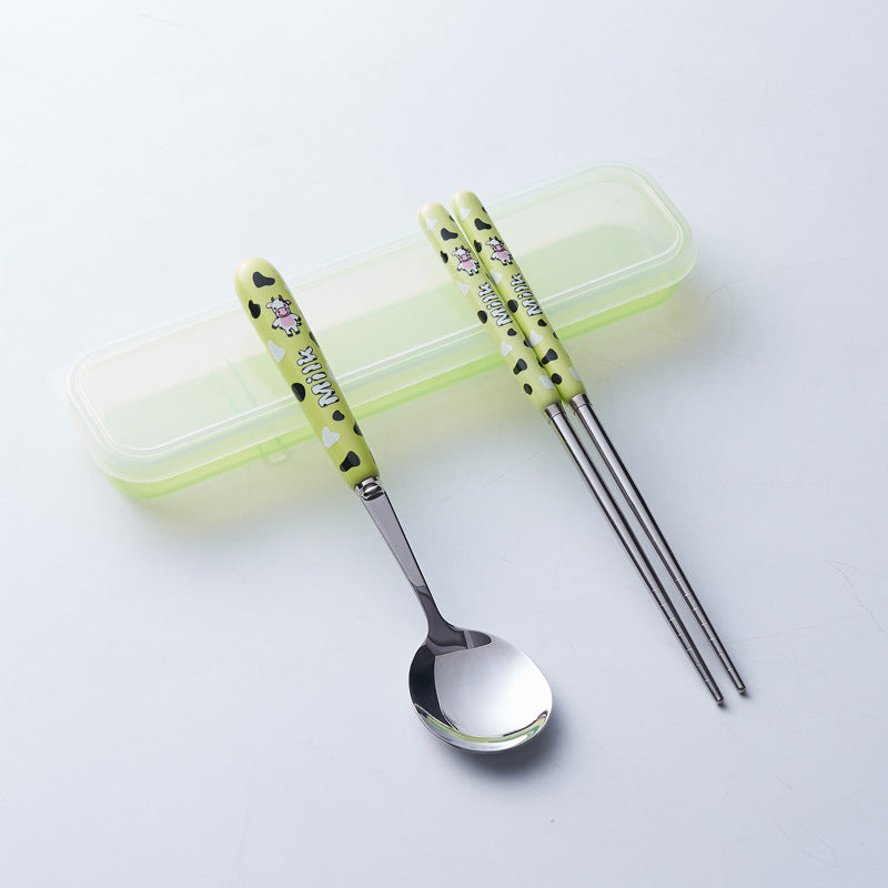 Portable storage cutlery set - cute cow design stainless steel children's dinnerware set: fork, spoon, and chopsticks