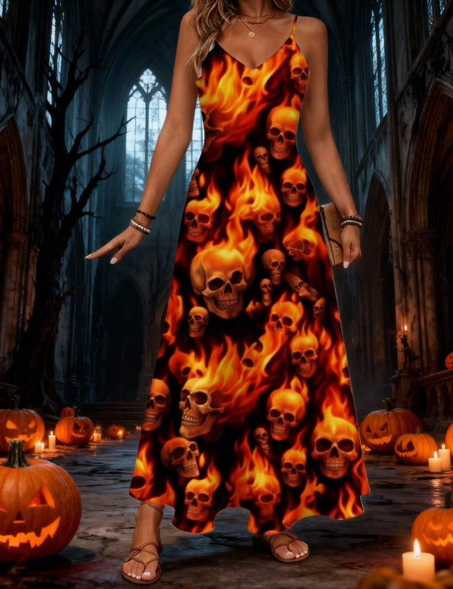 halloween pattern printing longdressv neckloose vacation suspender skirt
