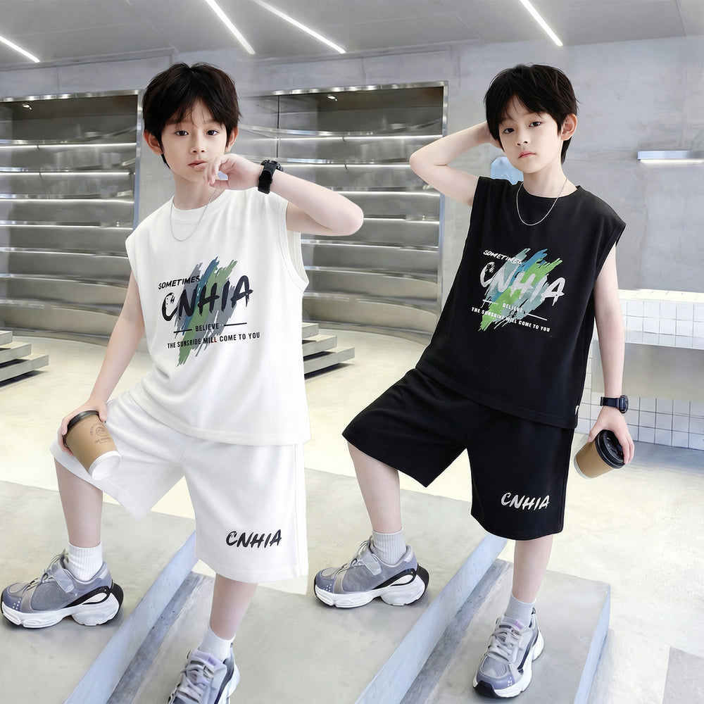 Boys' summer loose-fit two-piece set: sleeveless, trendy, minimalist print short t-shirt and shorts - new  collection