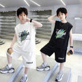 Boys' summer loose-fit two-piece set: sleeveless, trendy, minimalist print short t-shirt and shorts - new  collection