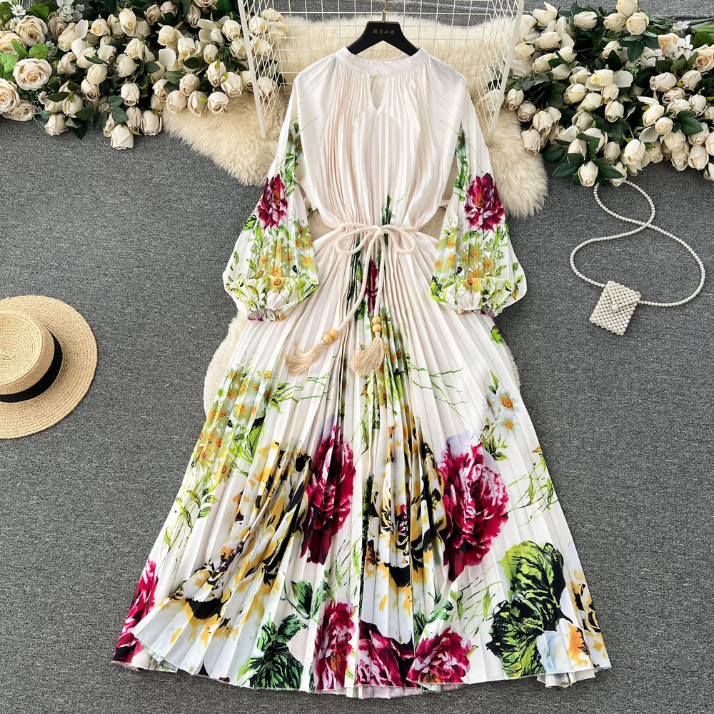 Elegant and chic printed dress for women - summer bubble sleeve tie-waist design, unique and flowy fairy dress