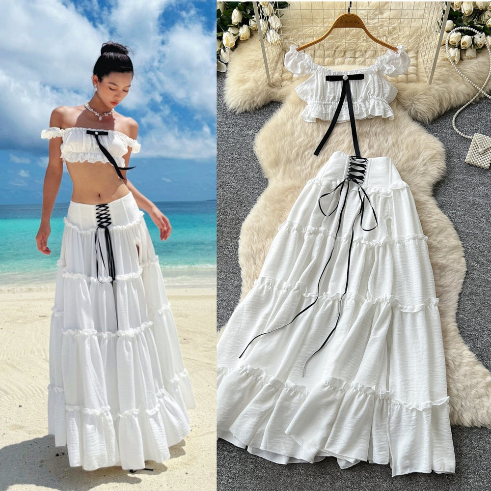 French sweet style off-the-shoulder puff sleeve top with tie-waist high-waisted tiered skirt slimming two-piece set - new summer collection for women