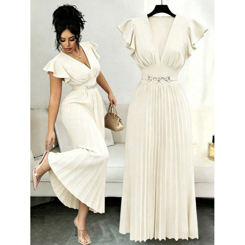 Amazon fashion  summer deep v neck ruffles sleeve pleated design waist elegantdress women