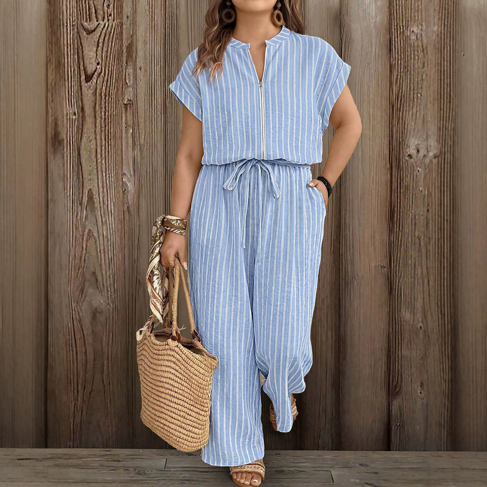 vacation striped plus size jumpsuit - front zipper, stand collar, drawstring waist, side pockets, loose wide leg