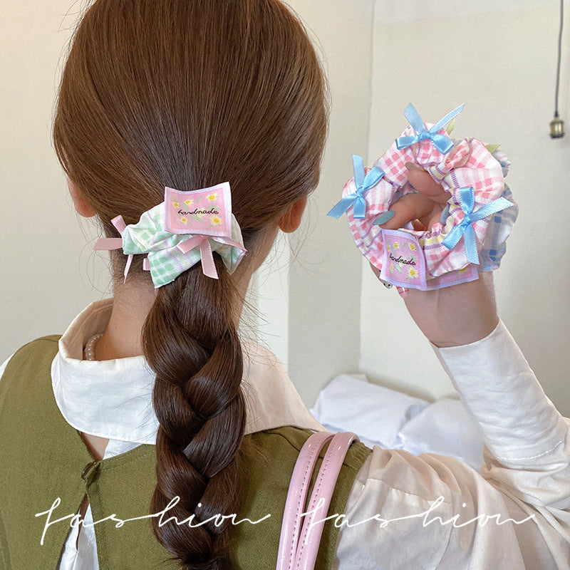 Blue sweet floral bow scrunchie hair tie - wholesale hair bands for ponytails, buns, and updos