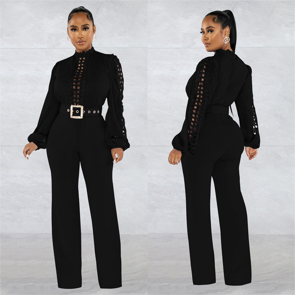 X6345   fashion women's belted lace hollow-out solid color long sleeve jumpsuit